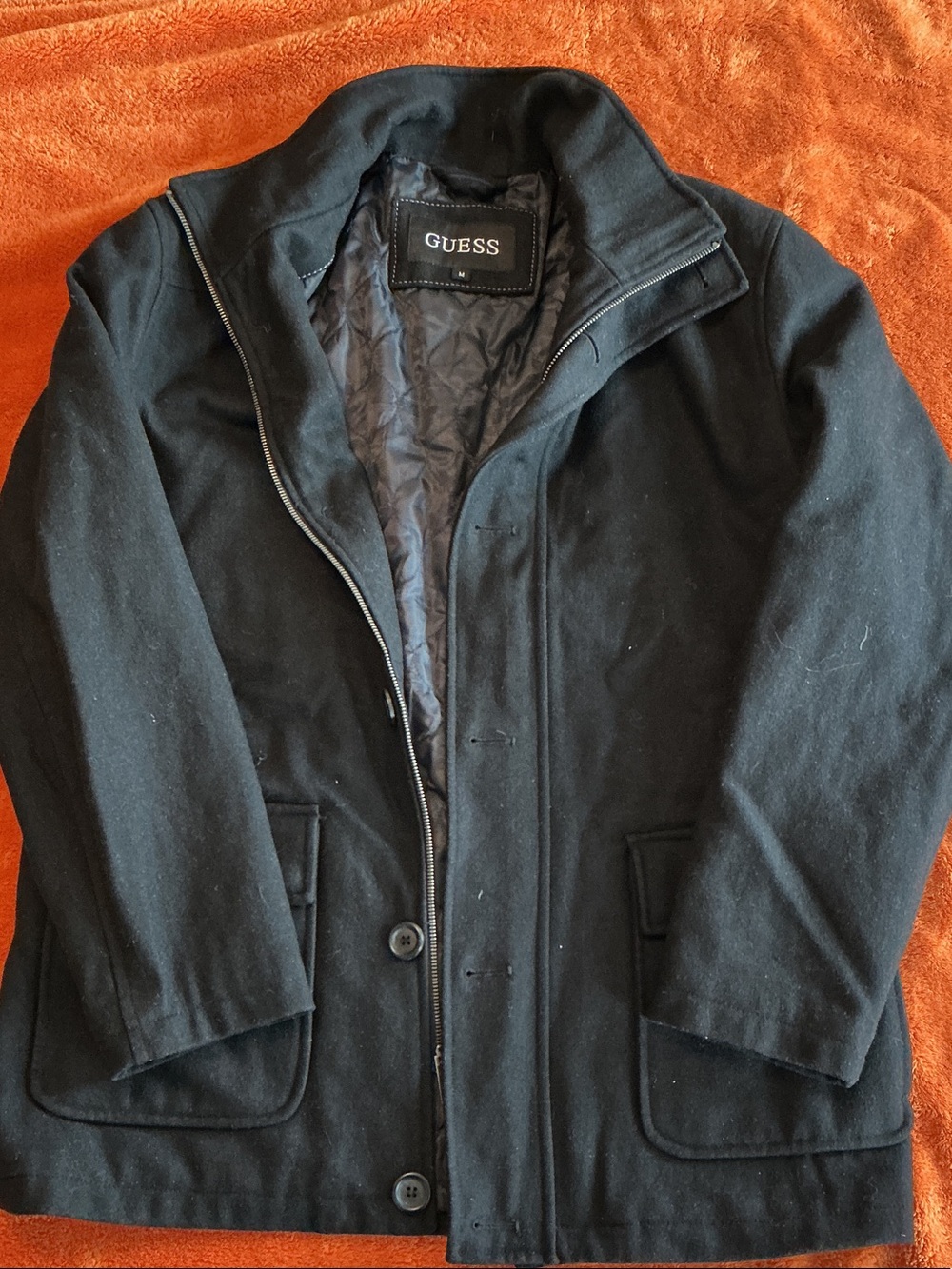 GUESS Black Men's Wool-Blend Peacoat with Quilted Lining